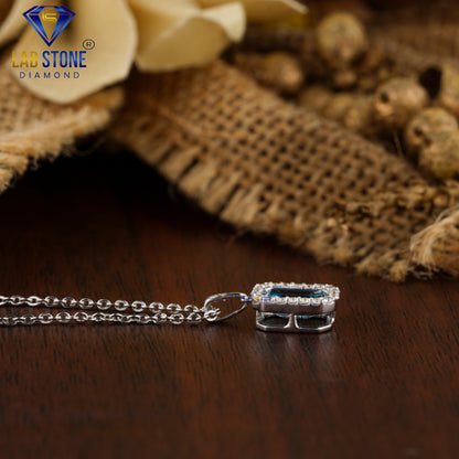 1.101 TDW Fancy Blue Emerald & Round Cut Diamond Custom Pendant With Chain