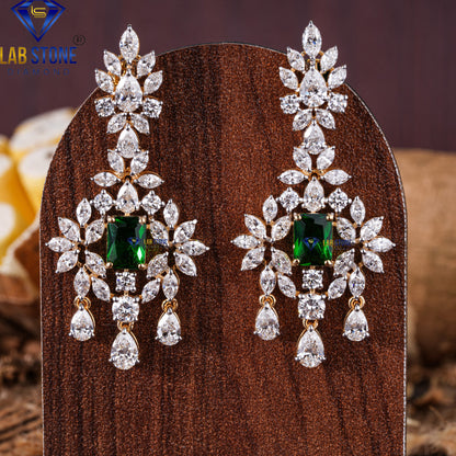 7.48 TDW Emerald Gemstone, Pear & Marquise Cut Diamond Drop & Dangle Earring