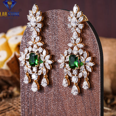 7.48 TDW Emerald Gemstone, Pear & Marquise Cut Diamond Drop & Dangle Earring