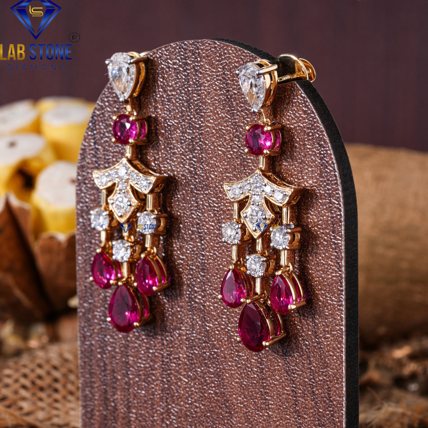 6.10 TDW Ruby Gemstone & Round Cut Diamond Drop & Dangle Earring