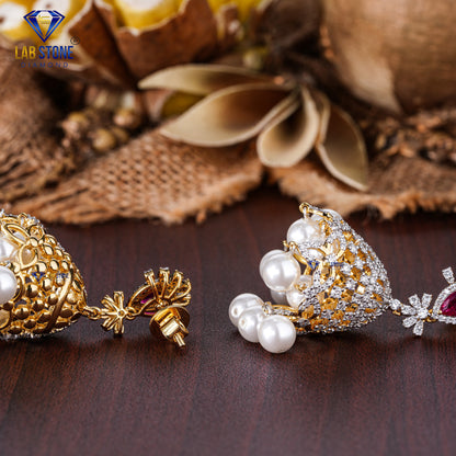 3.89 TDW Ruby & Round Cut Diamond Drop & Dangle Earring