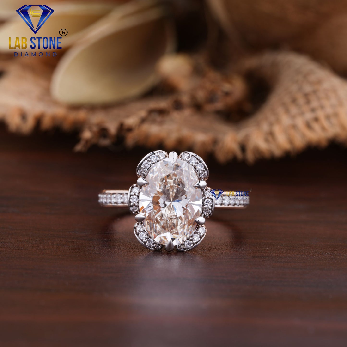 3.32 TDW Fancy Pink Oval & Round Cut Women’s Halo Diamond Ring