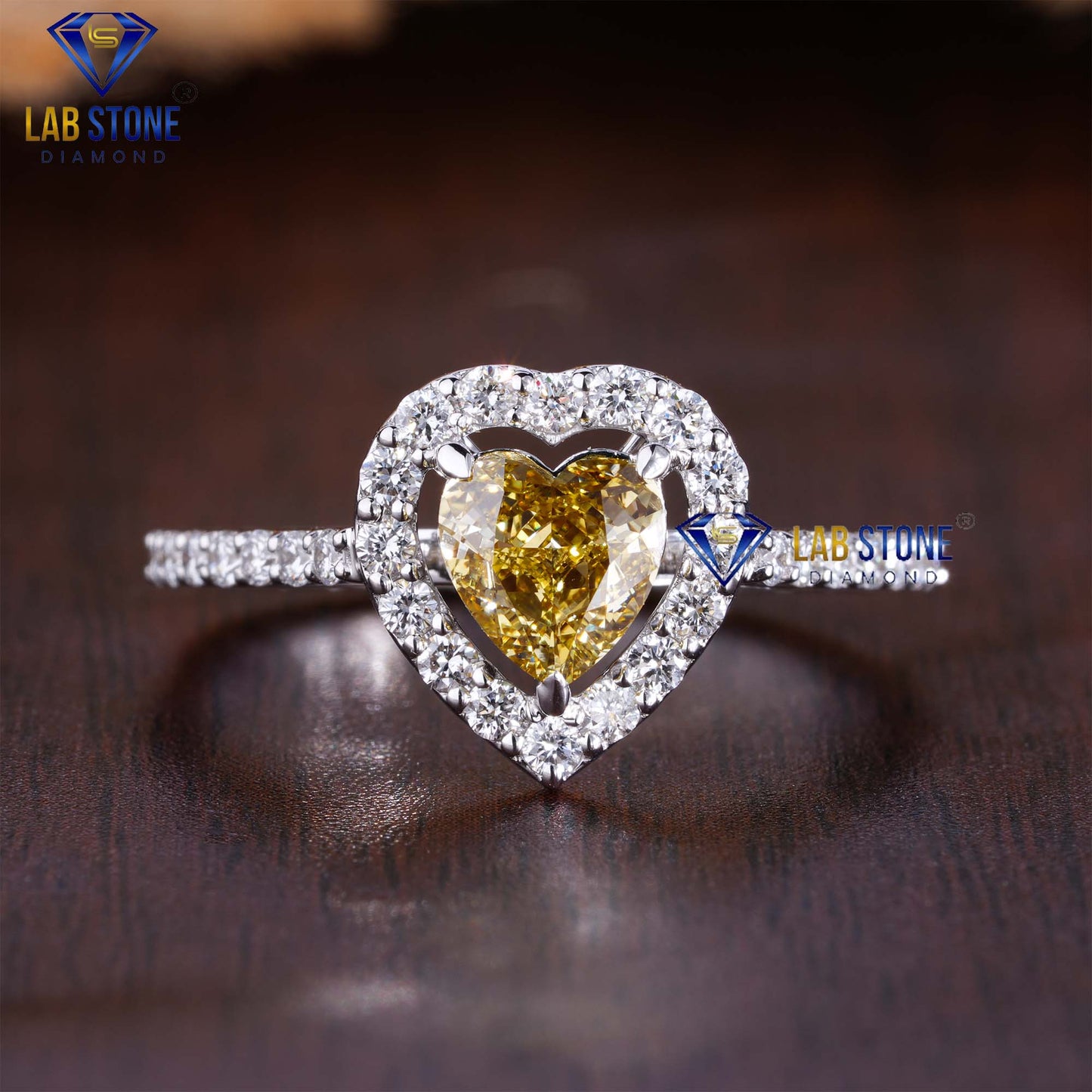 1.04 TDW Fancy Yellow Heart & Round Cut Diamond Women’s Halo Ring