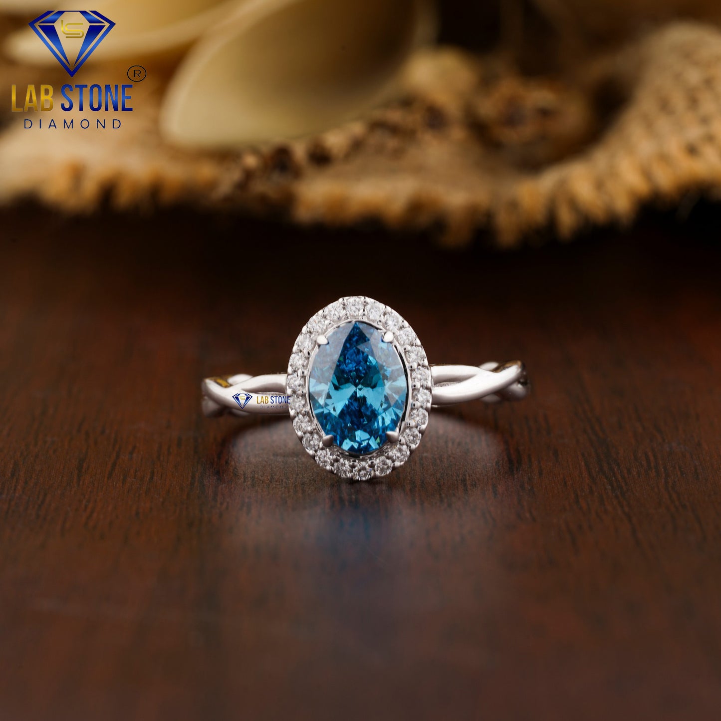 1.07 TDW Fancy Blue Oval & Round Cut Diamond Halo Ring