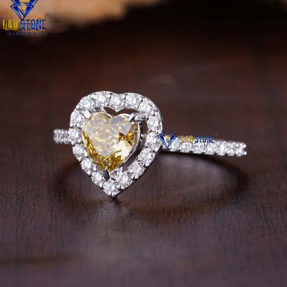 1.04 TDW Fancy Yellow Heart & Round Cut Diamond Women’s Halo Ring