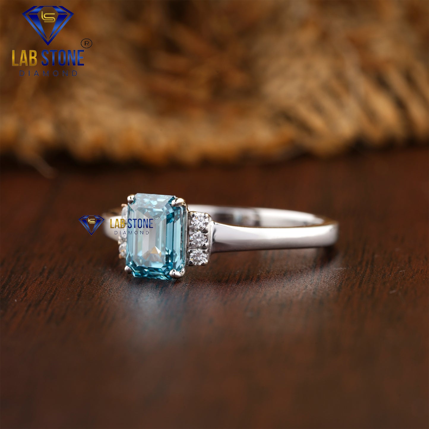 1.06 TDW Fancy Blue Emerald & Round Cut Daimond Women’s Engagement Ring