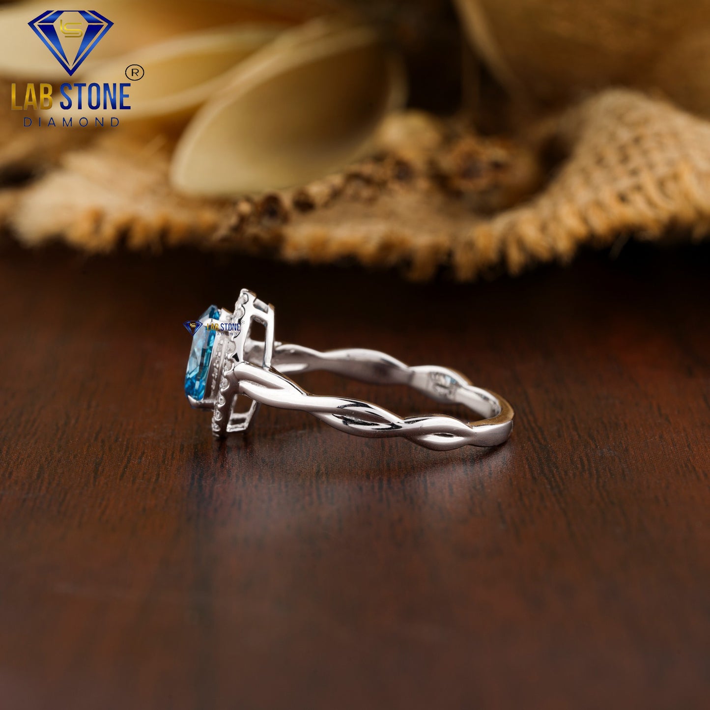 1.07 TDW Fancy Blue Oval & Round Cut Diamond Halo Ring