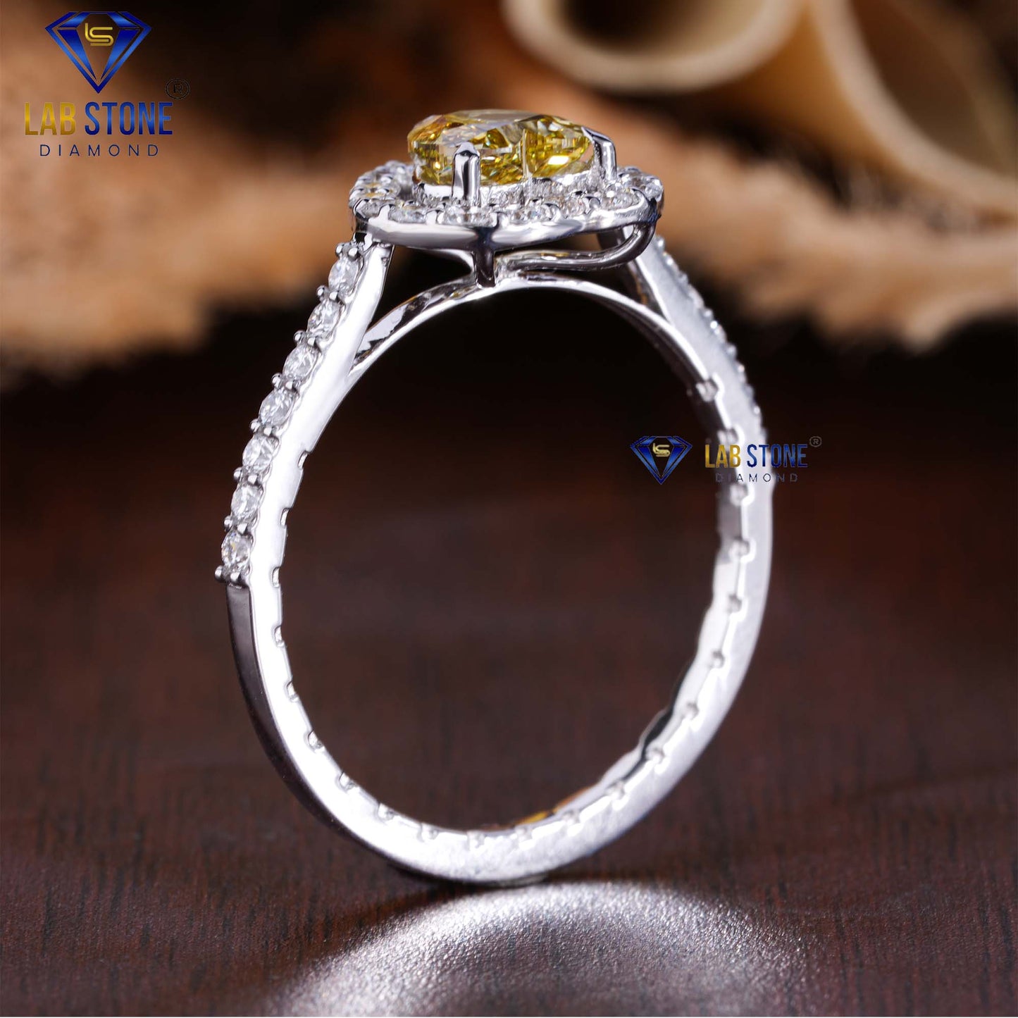 1.04 TDW Fancy Yellow Heart & Round Cut Diamond Women’s Halo Ring
