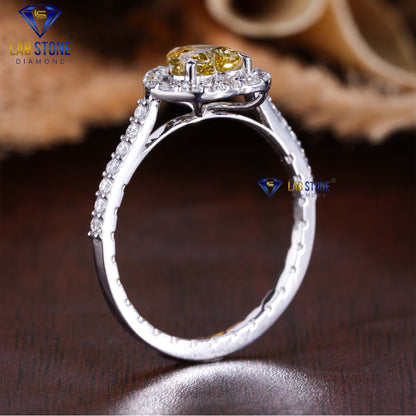 1.04 TDW Fancy Yellow Heart & Round Cut Diamond Women’s Halo Ring