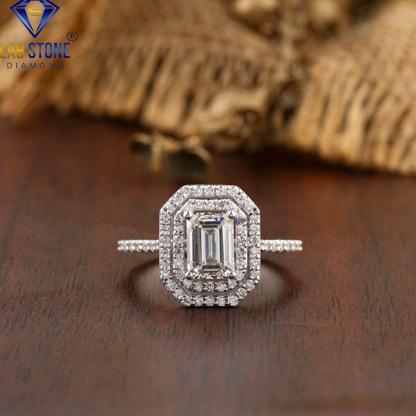 1.47 TDW Emerald & Round Cut Diamond Halo Ring with Band