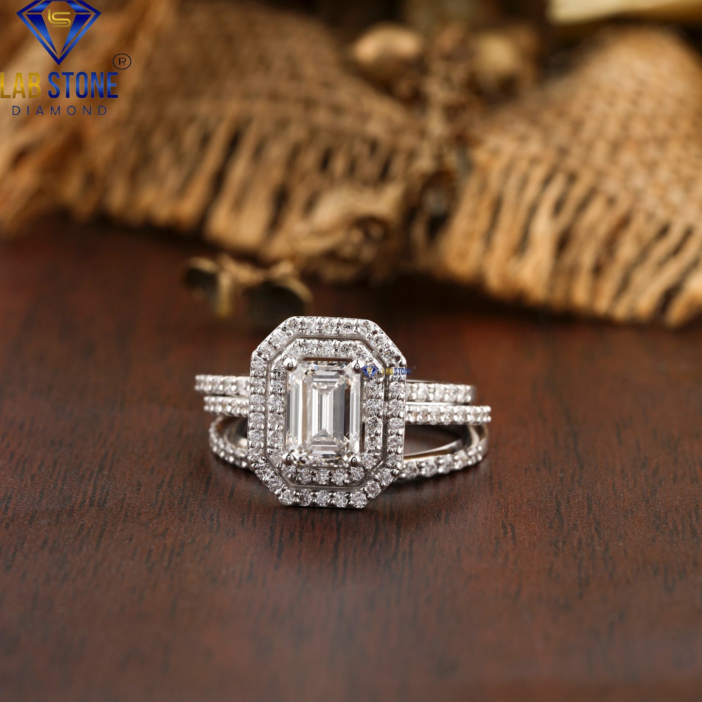 1.47 TDW Emerald & Round Cut Diamond Halo Ring with Band