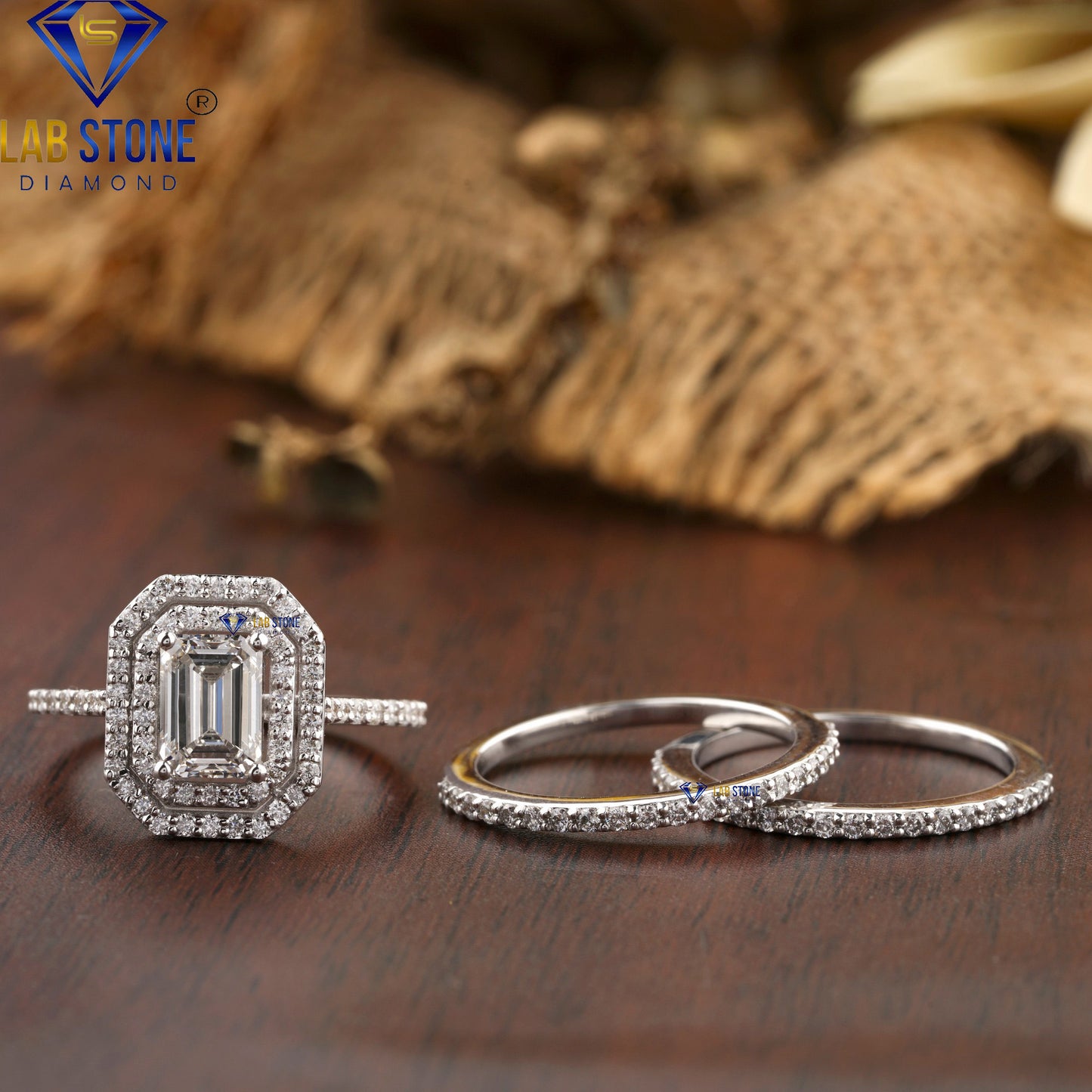 1.47 TDW Emerald & Round Cut Diamond Halo Ring with Band