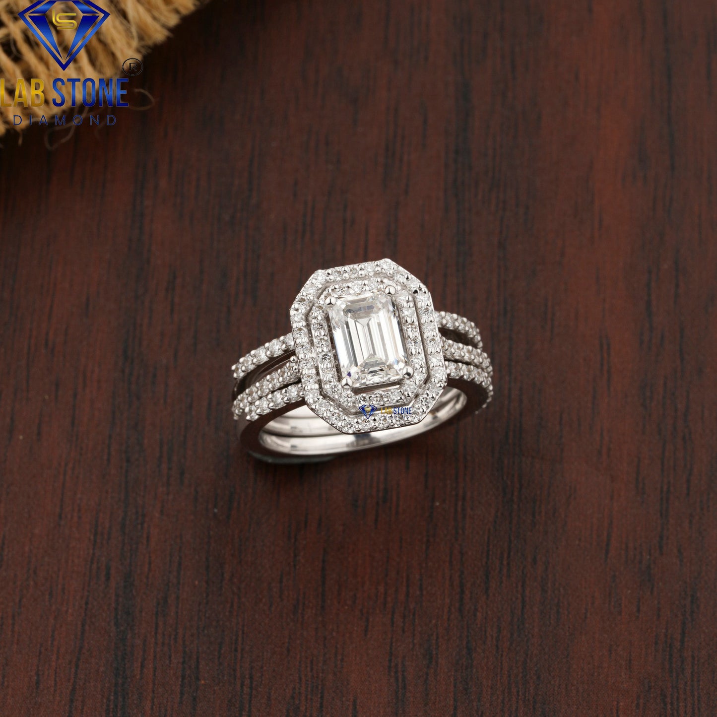 1.47 TDW Emerald & Round Cut Diamond Halo Ring with Band