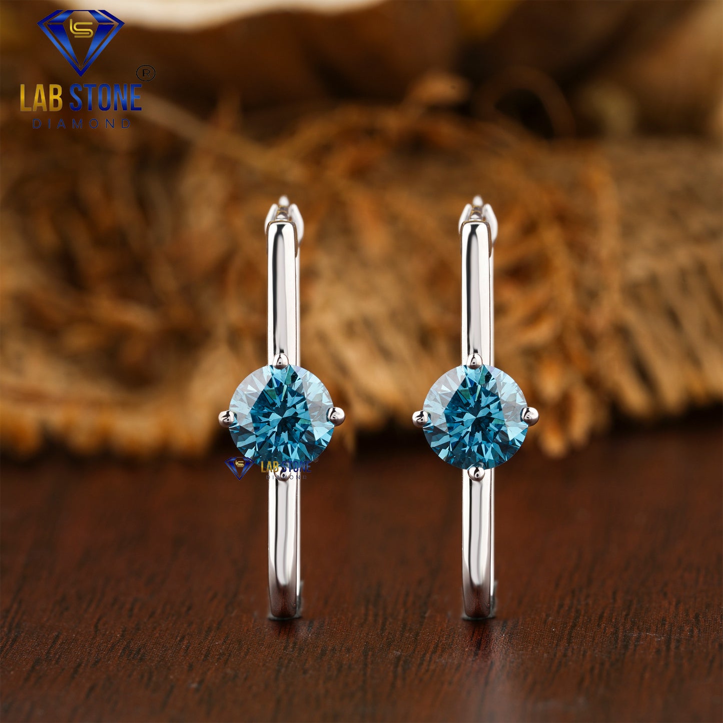 1.40 TDW Blue Round Cut Diamond Hoop Earrings