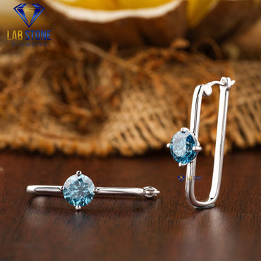 1.40 TDW Blue Round Cut Diamond Hoop Earrings