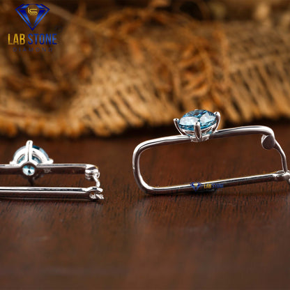 1.40 TDW Blue Round Cut Diamond Hoop Earrings