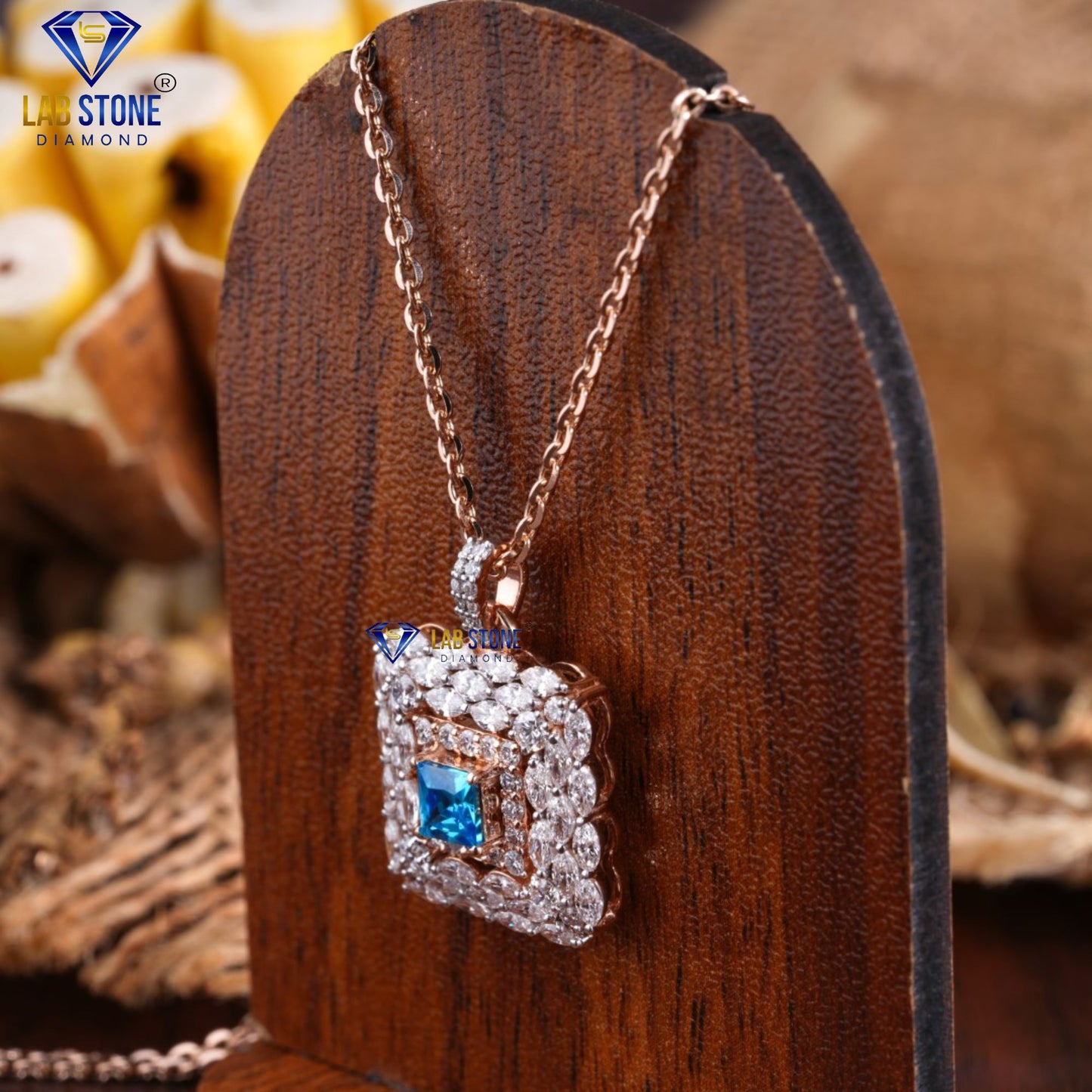 5.25 TDW Fancy Blue Princess, Marquise & Round Cut Diamond Pendant & Earring