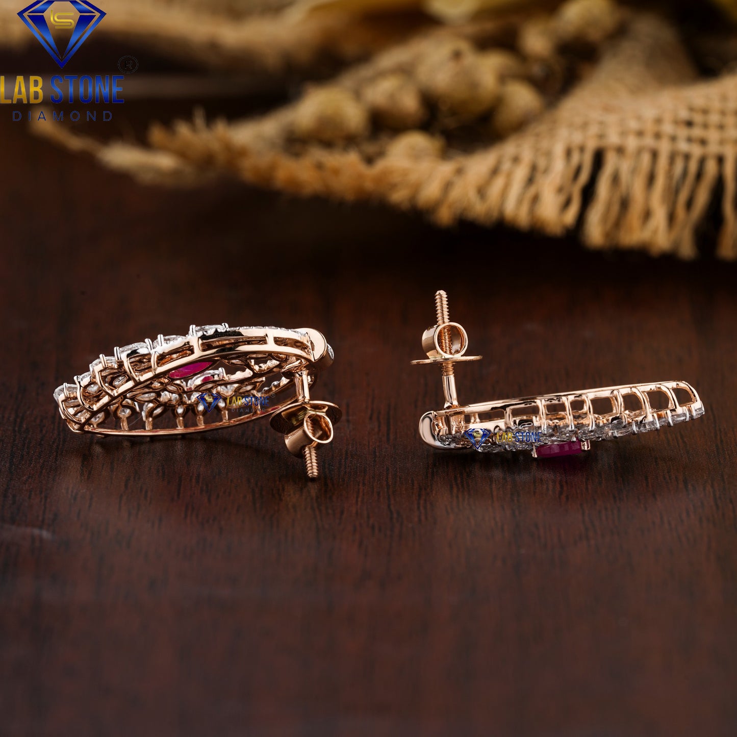 5.89 TDW Ruby Pear, Baguette, Marquise & Round Cut Diamond Pendant & Earring