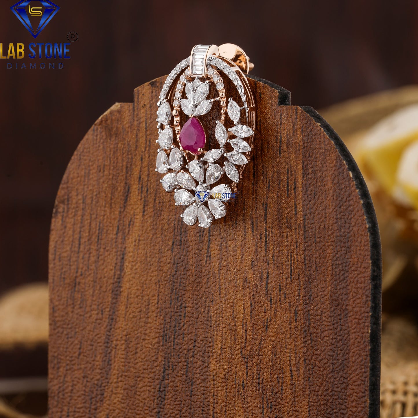 5.89 TDW Ruby Pear, Baguette, Marquise & Round Cut Diamond Pendant & Earring