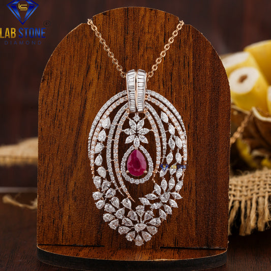 5.89 TDW Ruby Pear, Baguette, Marquise & Round Cut Diamond Pendant & Earring