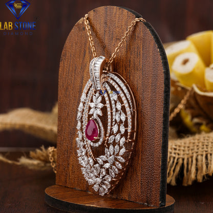 5.89 TDW Ruby Pear, Baguette, Marquise & Round Cut Diamond Pendant & Earring