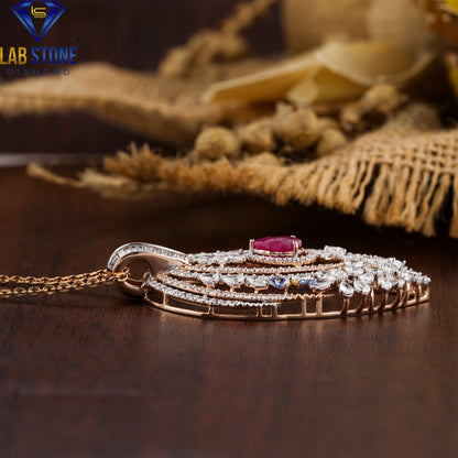 5.89 TDW Ruby Pear, Baguette, Marquise & Round Cut Diamond Pendant & Earring