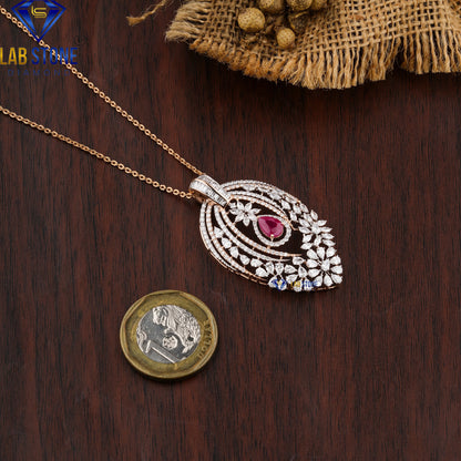 5.89 TDW Ruby Pear, Baguette, Marquise & Round Cut Diamond Pendant & Earring