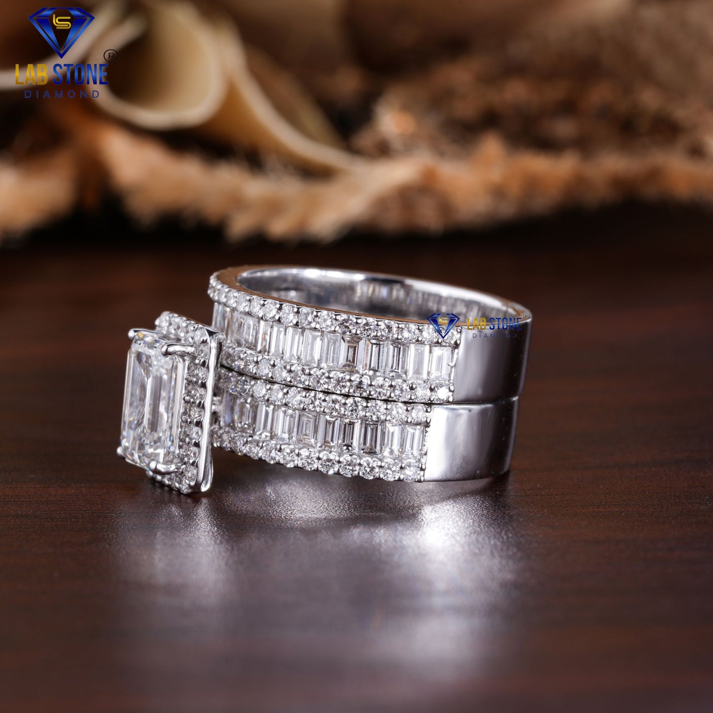 2.66 TDW Emerald, Baguette & Round Cut Women's Diamond Ring with Band