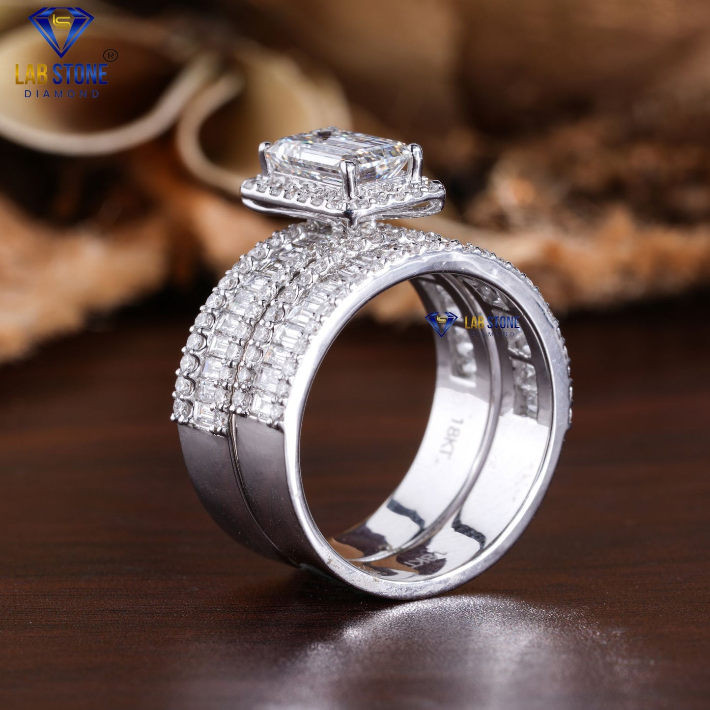 2.66 TDW Emerald, Baguette & Round Cut Women's Diamond Ring with Band