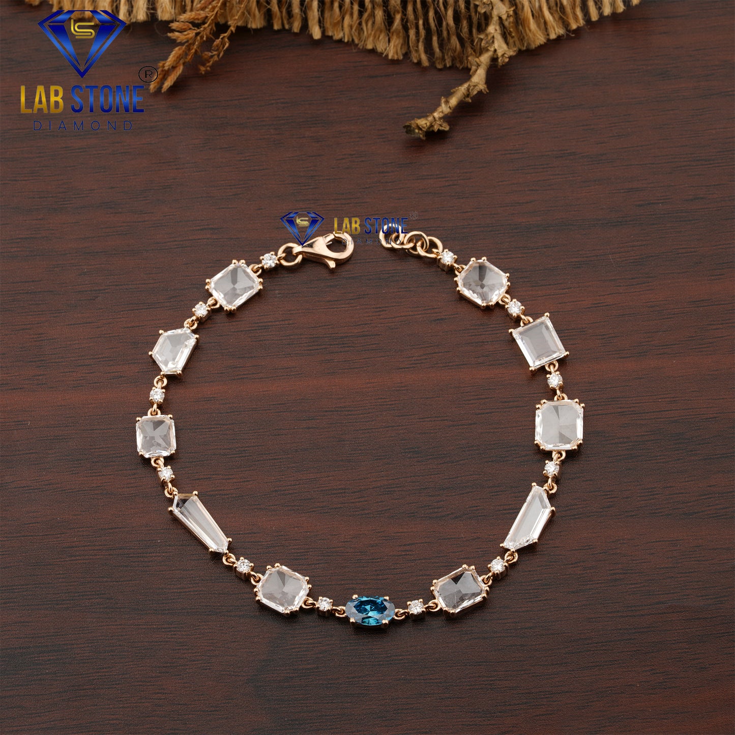 6.38 TDW Fancy Blue Oval, Round & Rose Cut Diamond Slider Bracelet