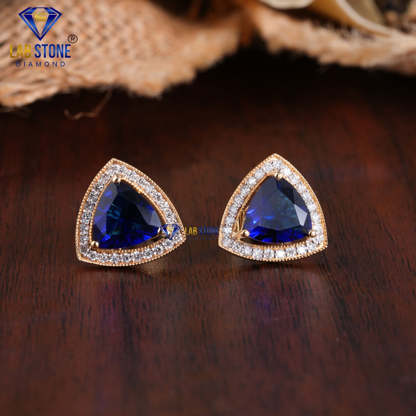 2.63 TDW Trillion shape Sapphire Gemstone & Round Cut Diamond Stud Earrings