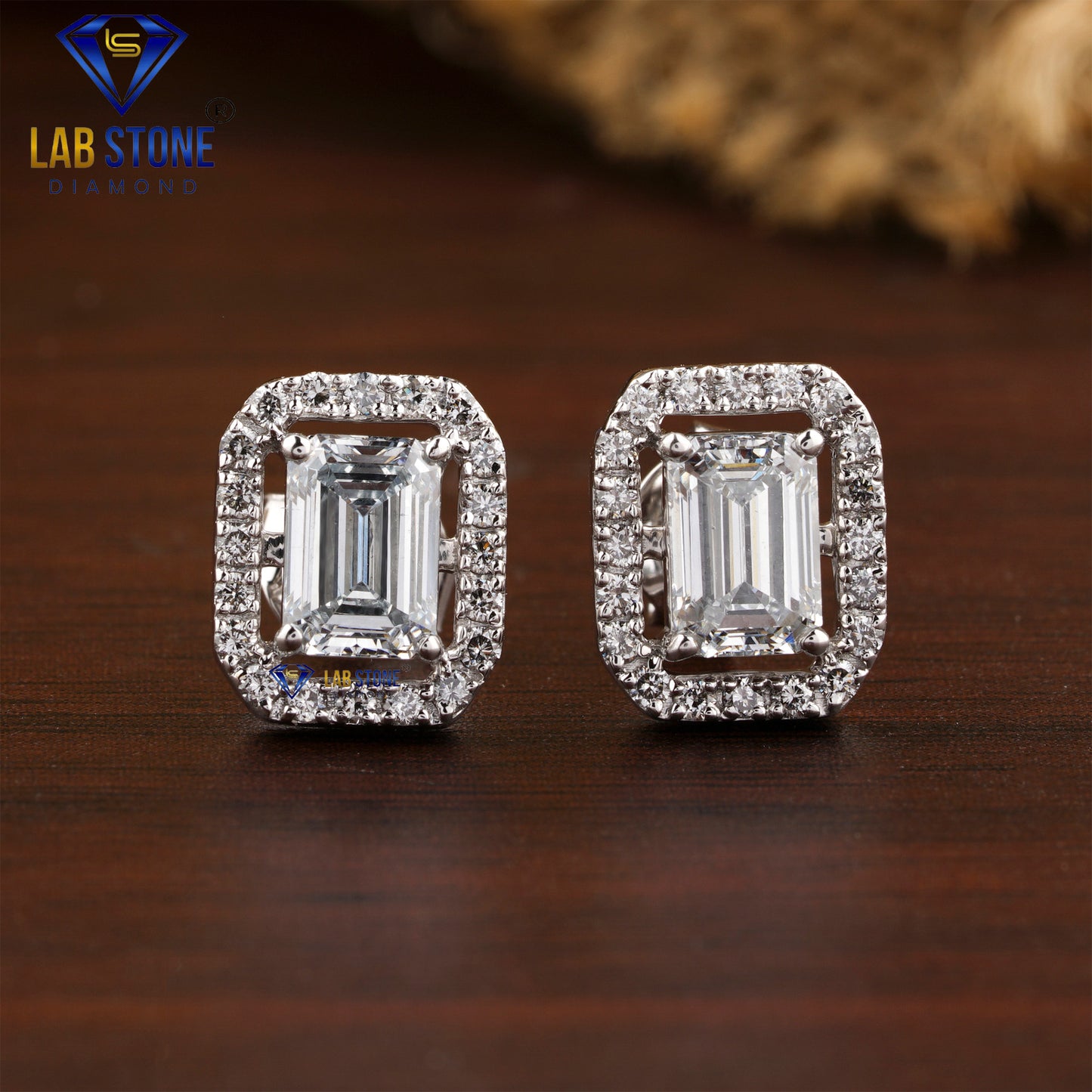 1.78 TDW Emerald & Round Cut Diamond Stud Earrings