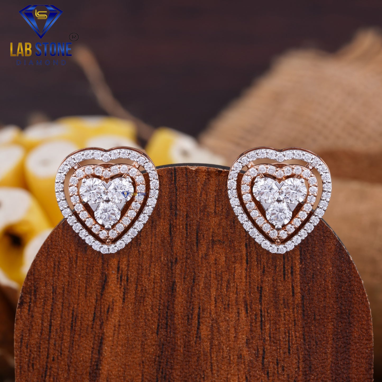 1.69 TDW Round Cut Diamond Heart Shaped Stud Earring