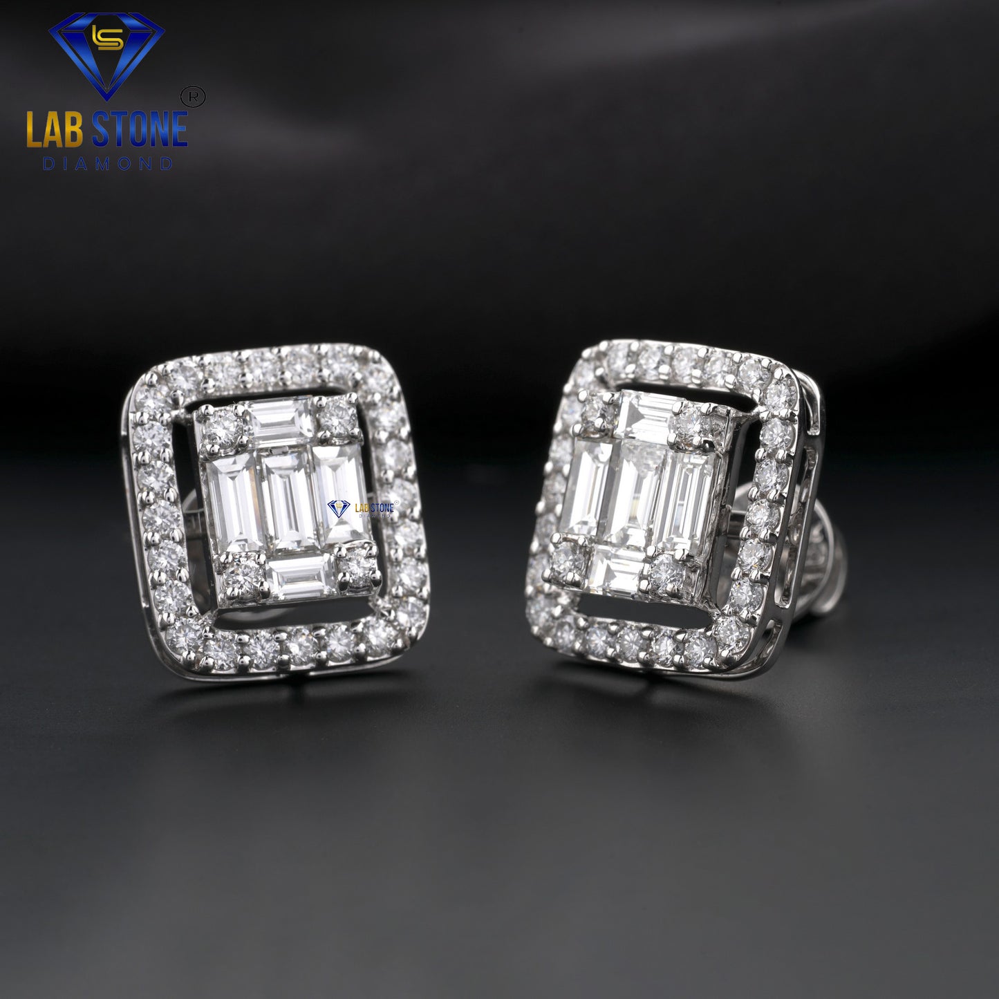 1.55 TDW Baguette & Round Cut Diamond Stud Earrings