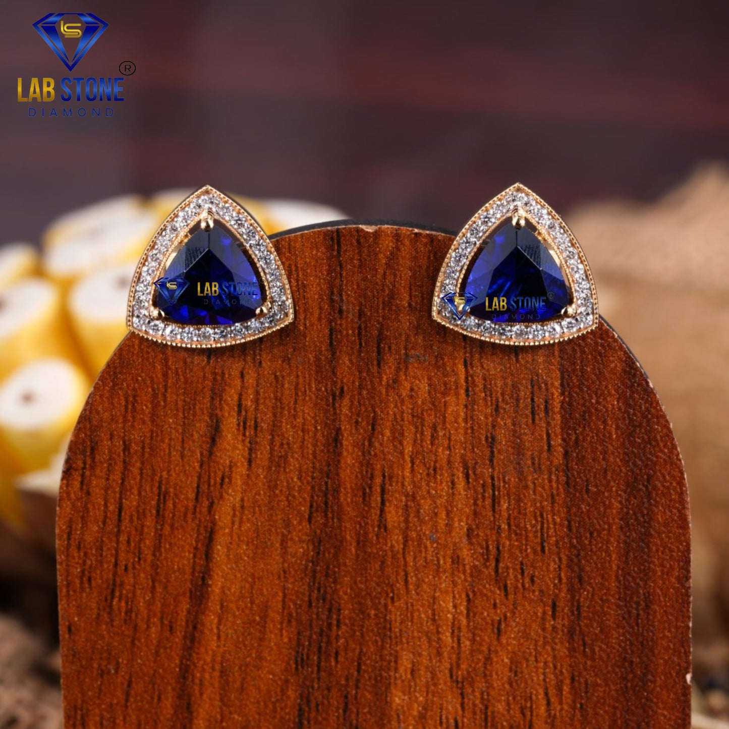 2.63 TDW Trillion shape Sapphire Gemstone & Round Cut Diamond Stud Earrings