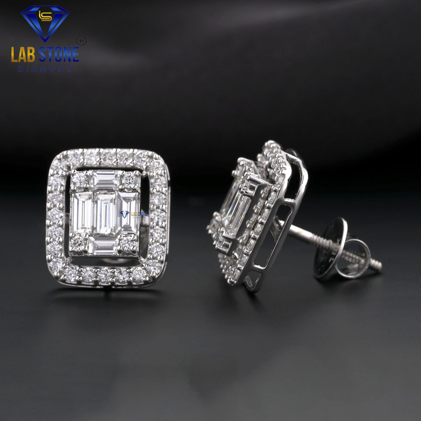 1.55 TDW Baguette & Round Cut Diamond Stud Earrings