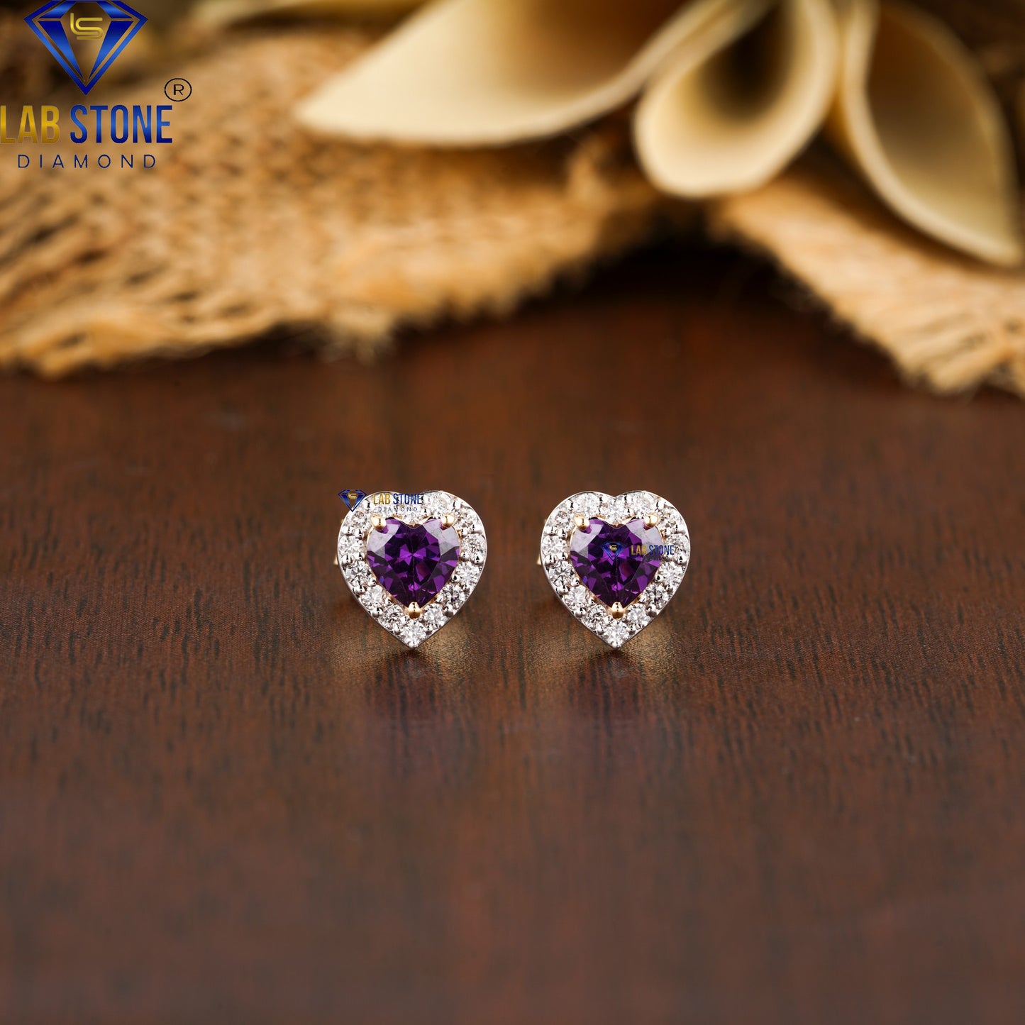 0.72 TDW Amethyst Heart & Round Diamond Stud Earrings