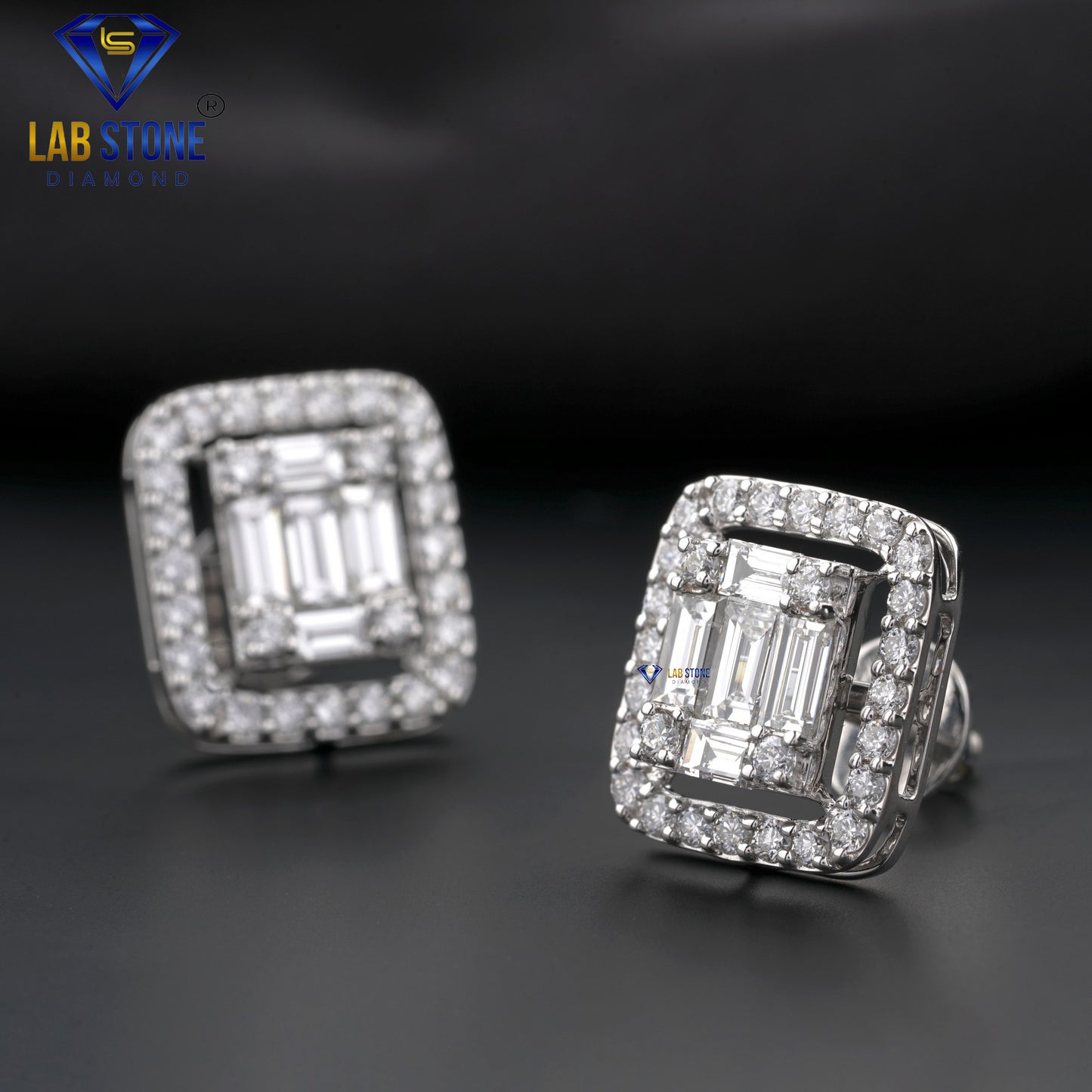 1.55 TDW Baguette & Round Cut Diamond Stud Earrings