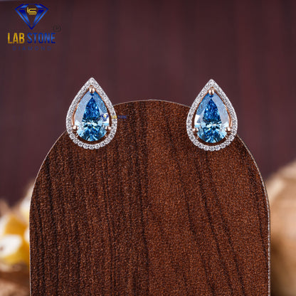 4.31 TDW Fancy Blue Pear & Round Cut Diamond Stud Earring