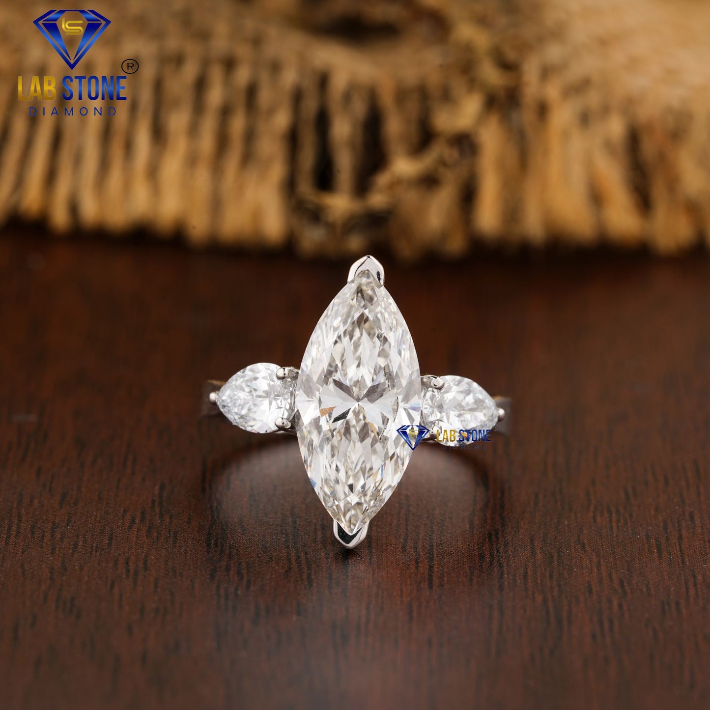 3.61 TDW Marquise & Pear Cut Three Stone Diamond Ring for Women