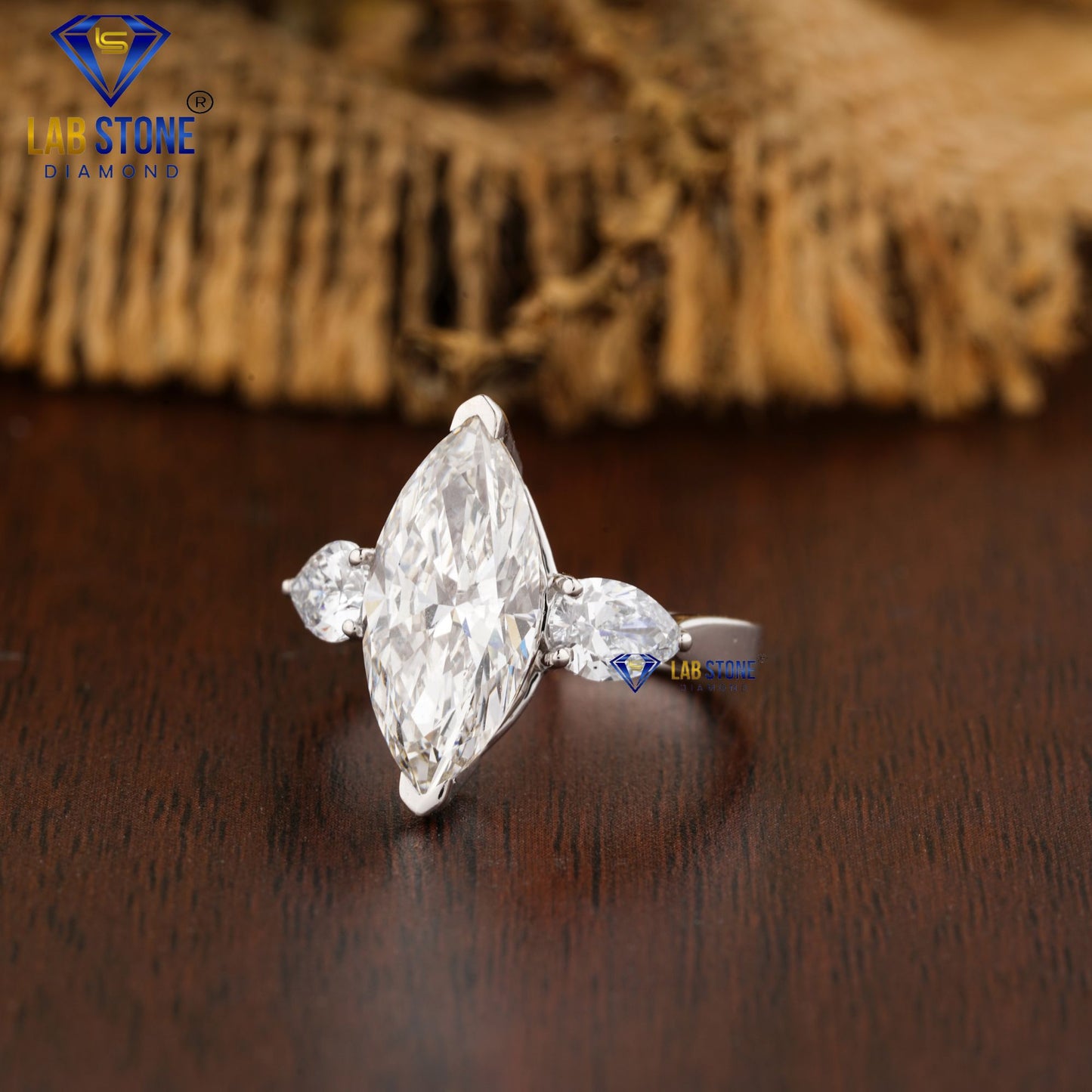 3.61 TDW Marquise & Pear Cut Three Stone Diamond Ring for Women