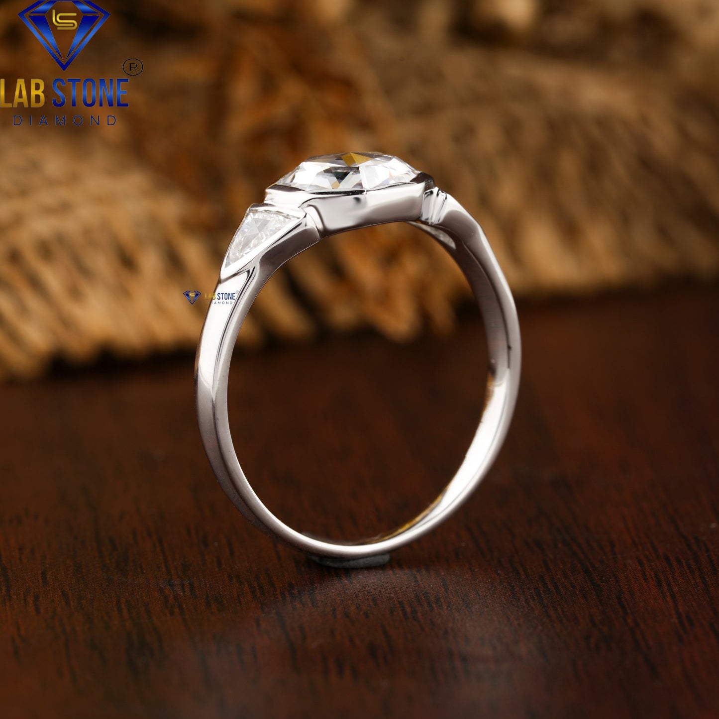 1.35 TDW Hexagon Rose Cut & Triangle Cut Diamond Three Stone Ring