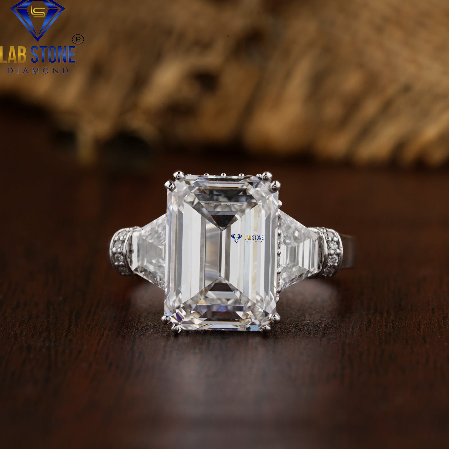 6.53 TDW Emerald, Trapezoid & Round Cut Diamond Halo Engagement Ring