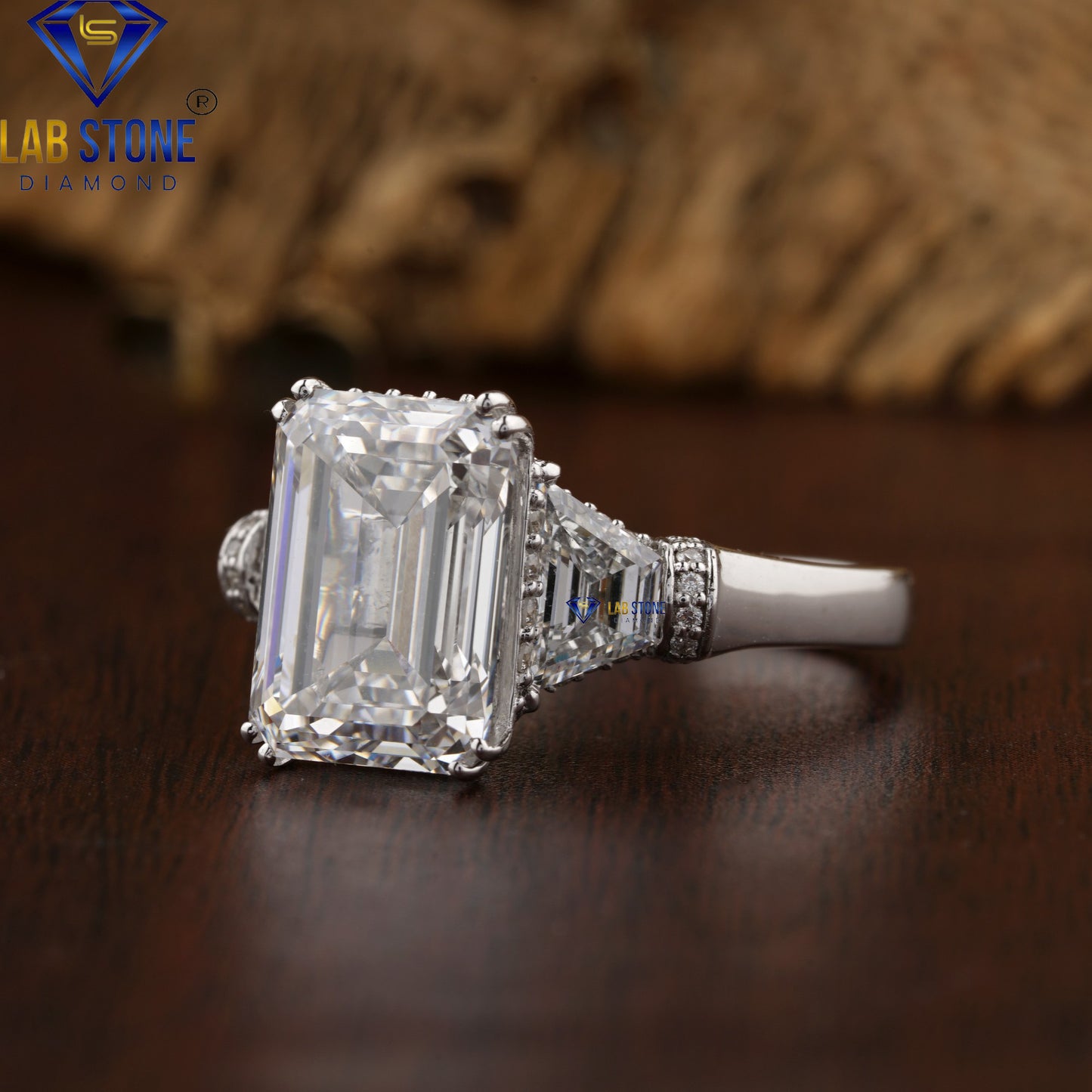 6.53 TDW Emerald, Trapezoid & Round Cut Diamond Halo Engagement Ring