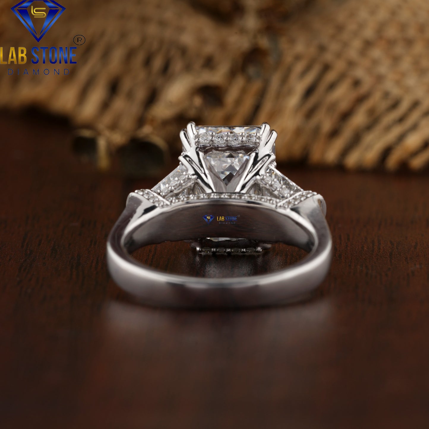 6.53 TDW Emerald, Trapezoid & Round Cut Diamond Halo Engagement Ring