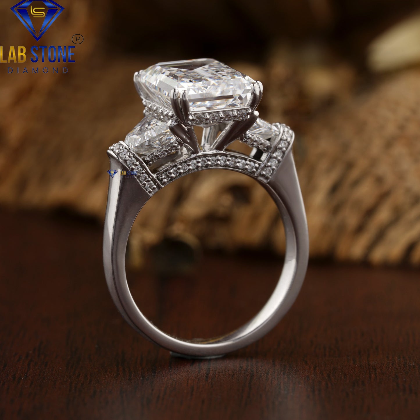 6.53 TDW Emerald, Trapezoid & Round Cut Diamond Halo Engagement Ring