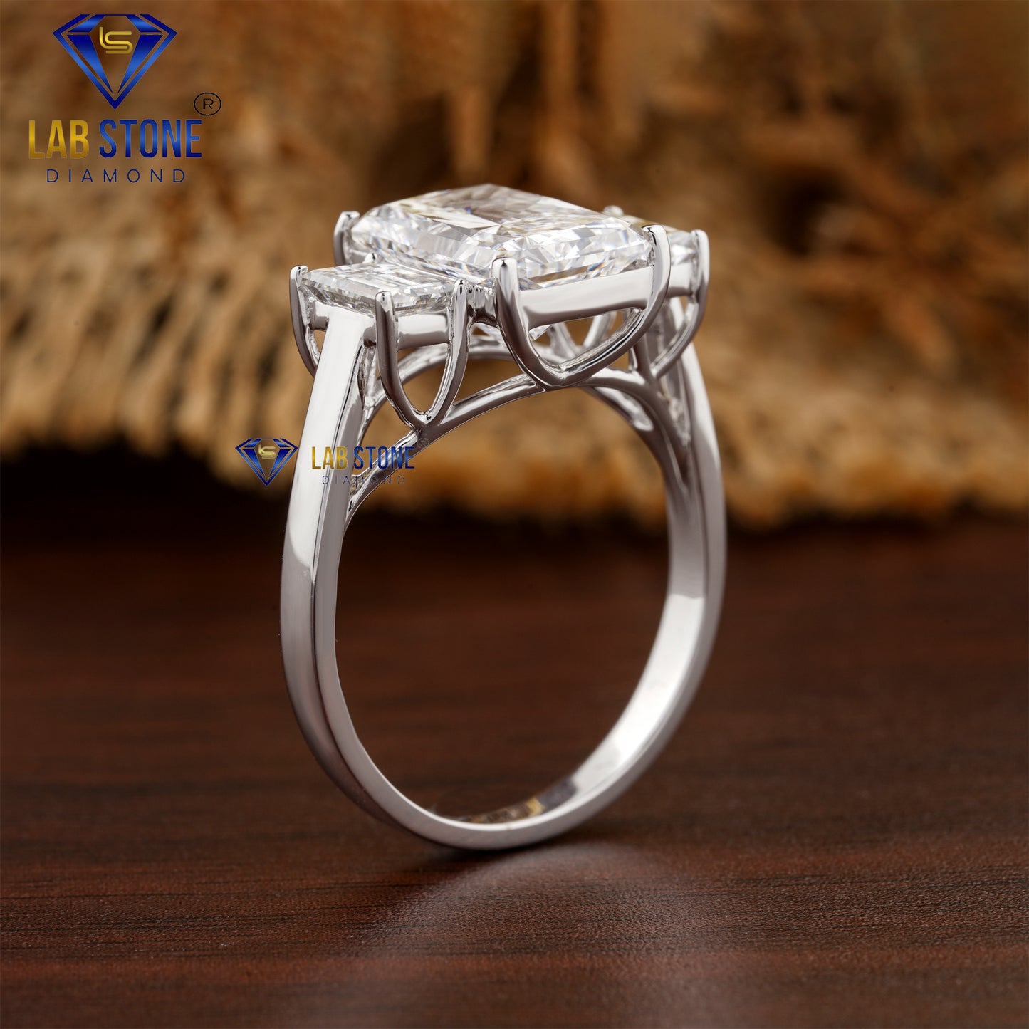 4.05 TDW Radiant and Baguette Cut Diamond Three Stone Ring