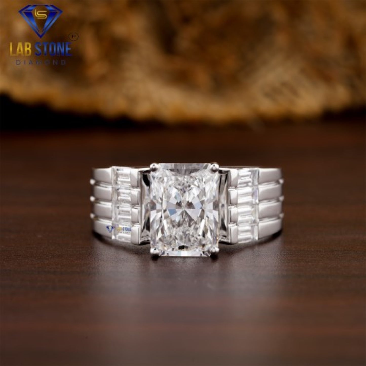 4.22 TDW Radiant & Baguette Cut  Diamond Men’s Engagement Ring
