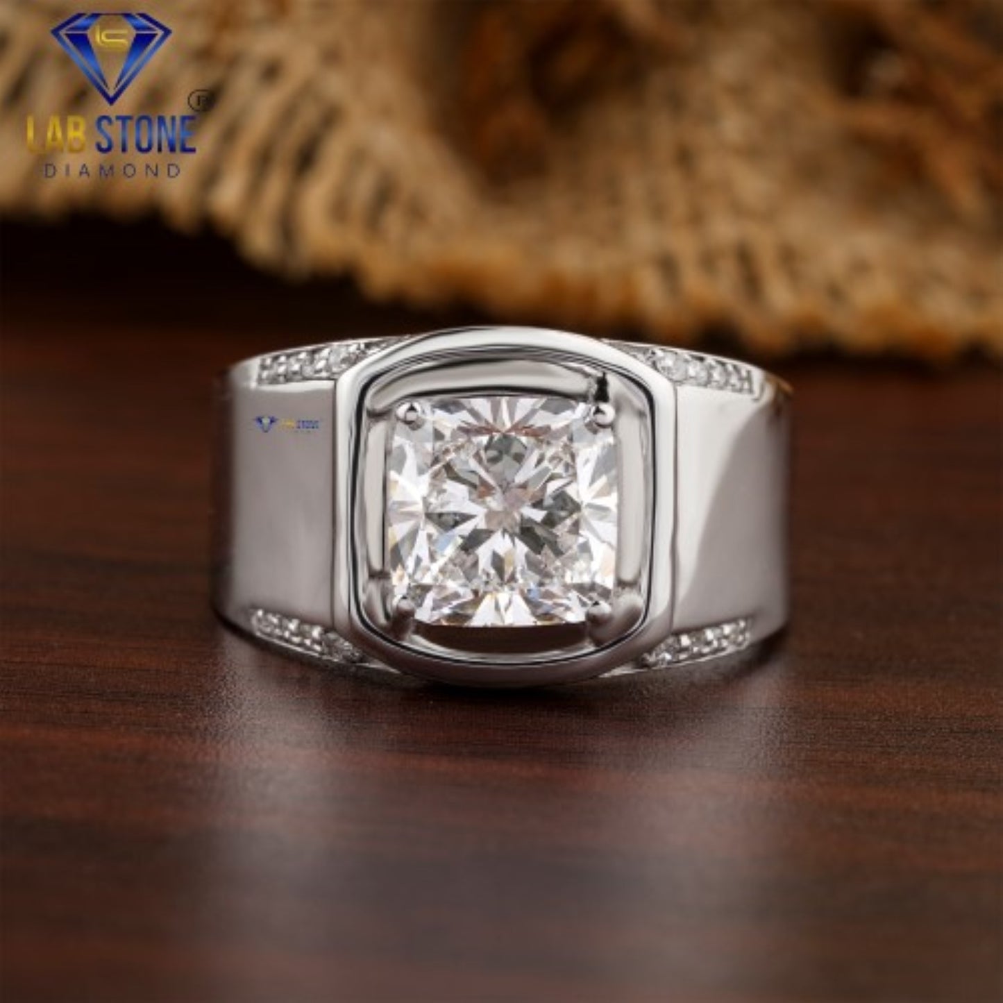 3.31 TDW Cushion & Round Cut Diamond Men's Engagement Ring
