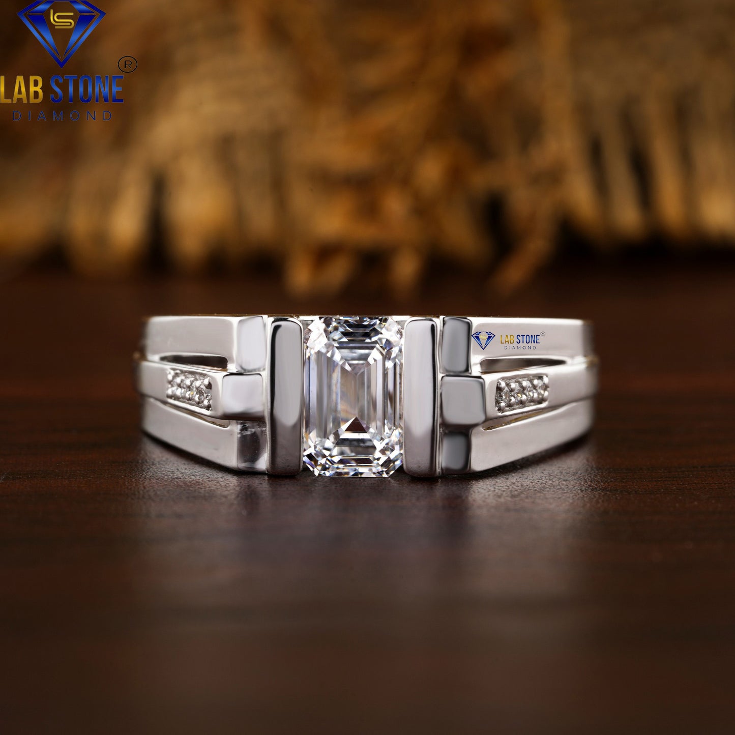 1.56 TDW Emerald & Round Diamond Men’s Engagement Ring